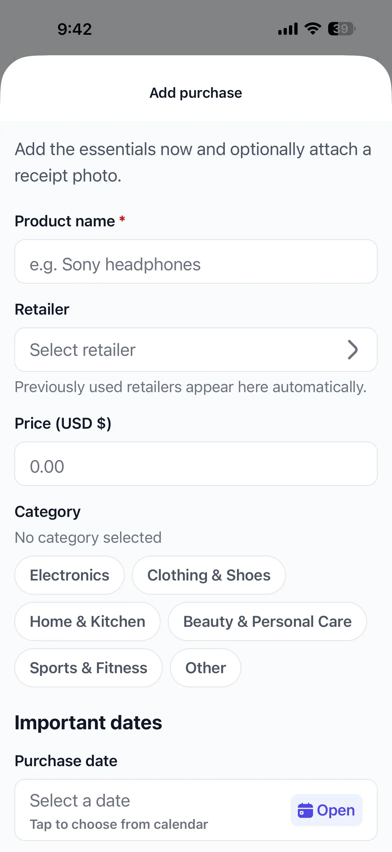 ReturnPing add purchase screen with product, retailer, price and category fields
