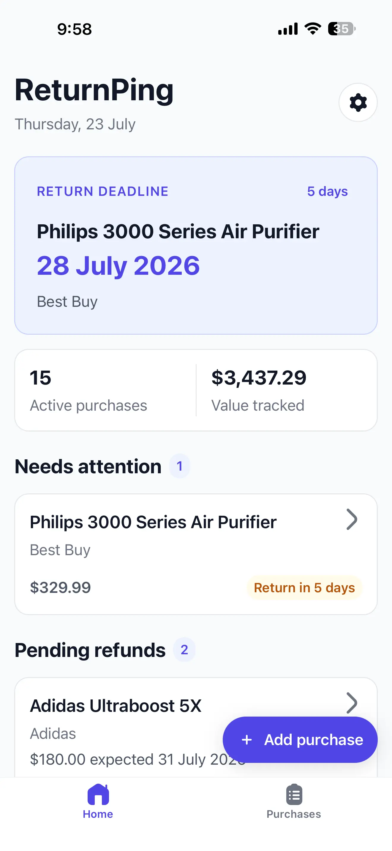 ReturnPing dashboard showing a return deadline, active purchases and pending refunds