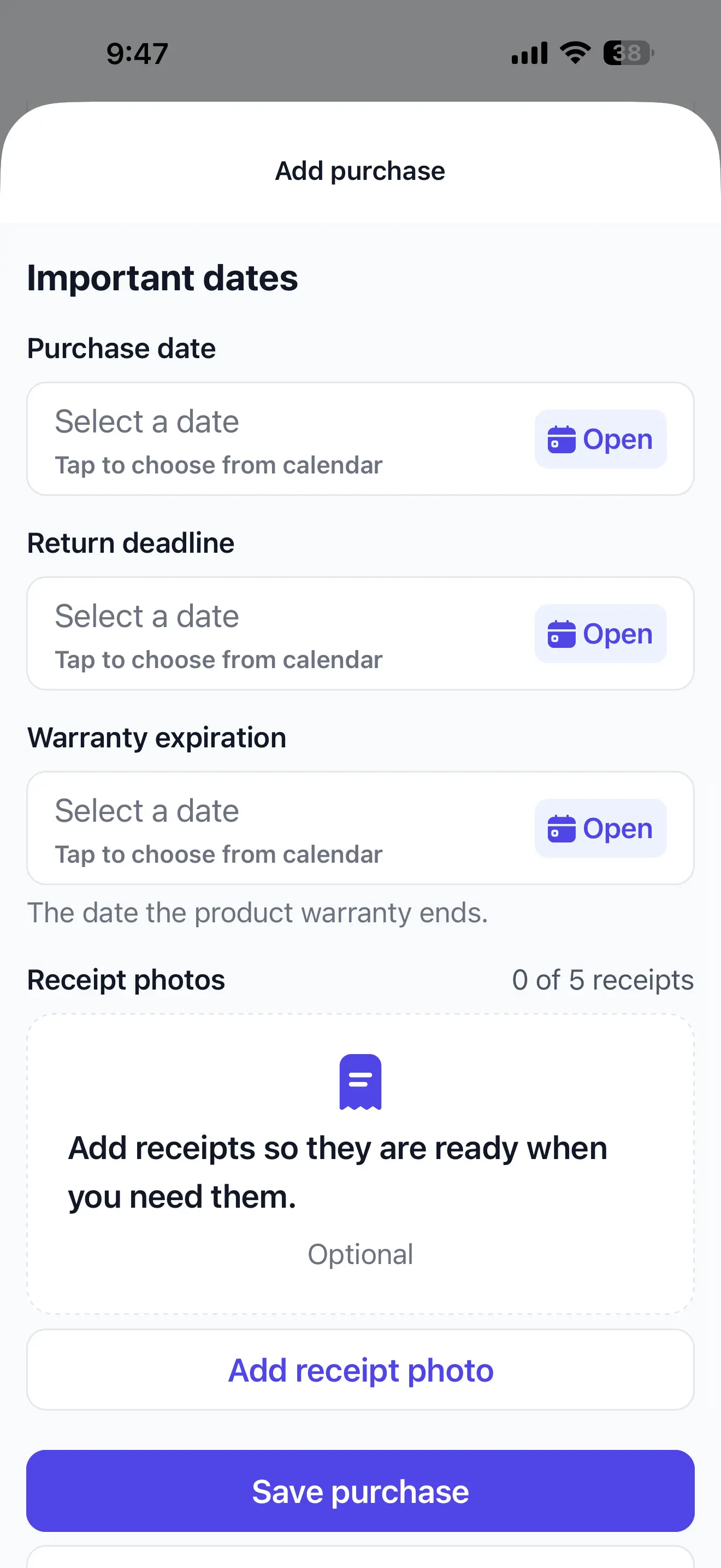 ReturnPing add purchase screen with purchase, return and warranty date fields