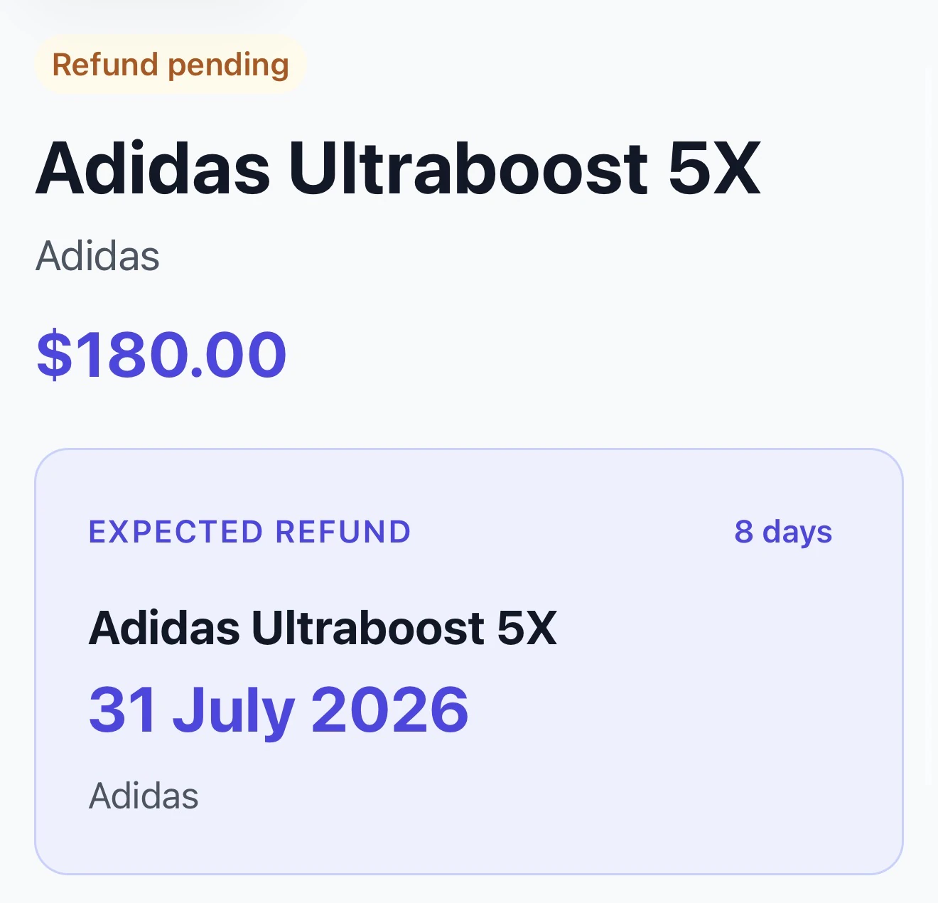 ReturnPing showing an Adidas refund pending with an expected refund date
