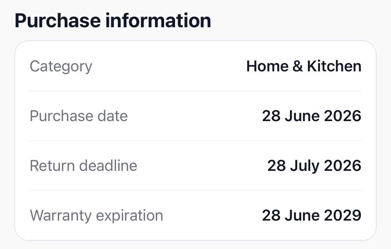 ReturnPing purchase information showing purchase, return and warranty expiration dates