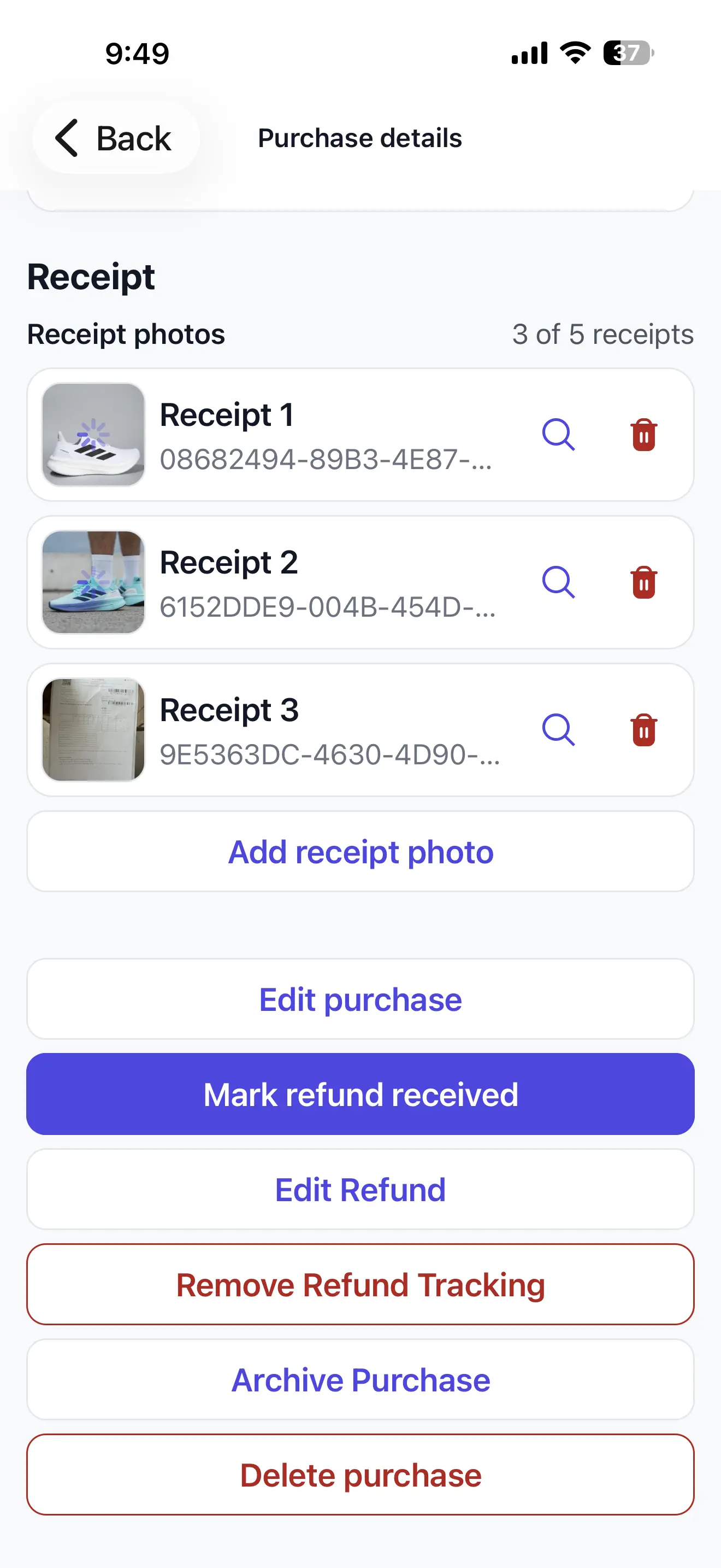 ReturnPing purchase details with receipt attachment and lifecycle actions