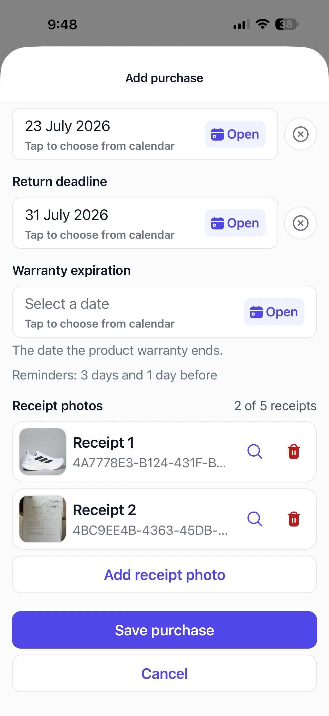 ReturnPing screen for organizing a purchase receipt