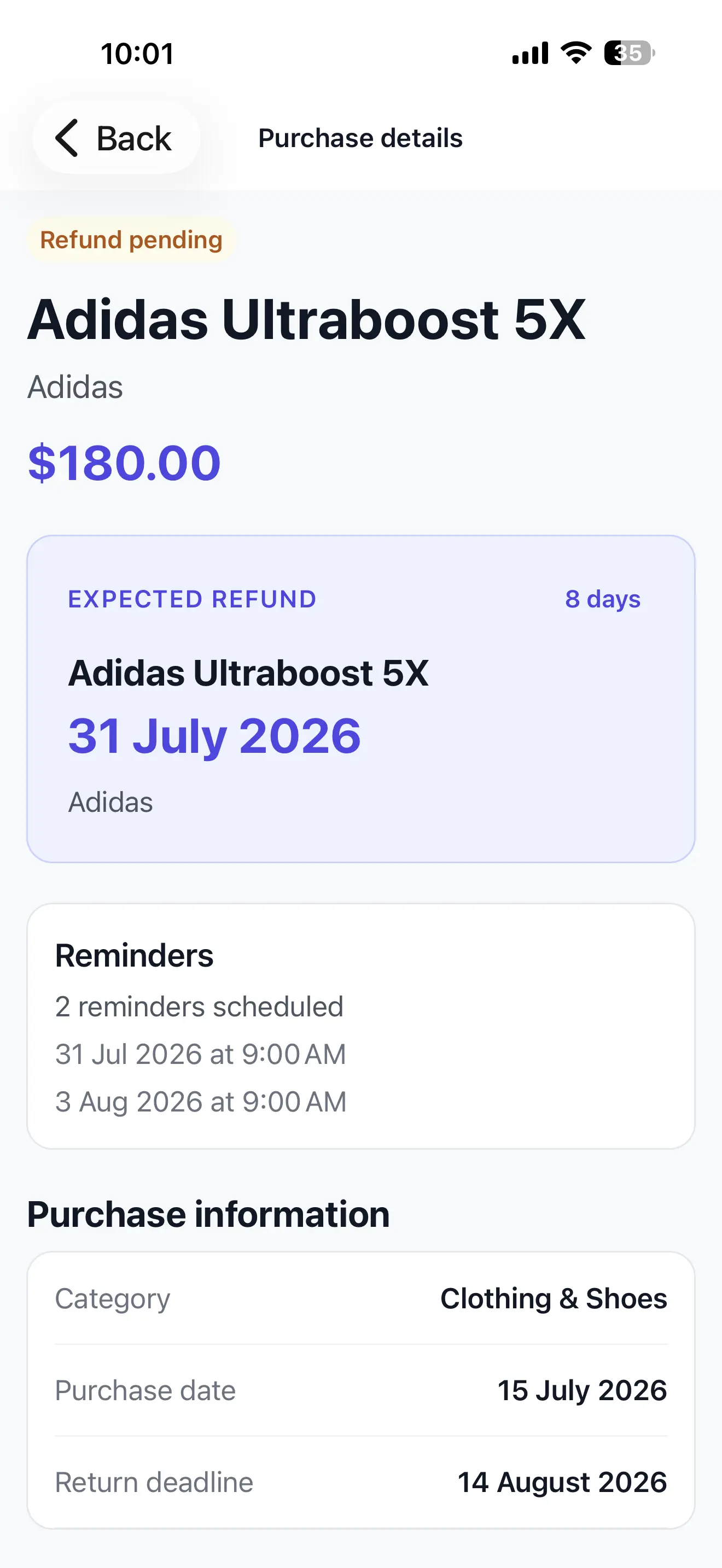 ReturnPing screen for tracking a pending refund
