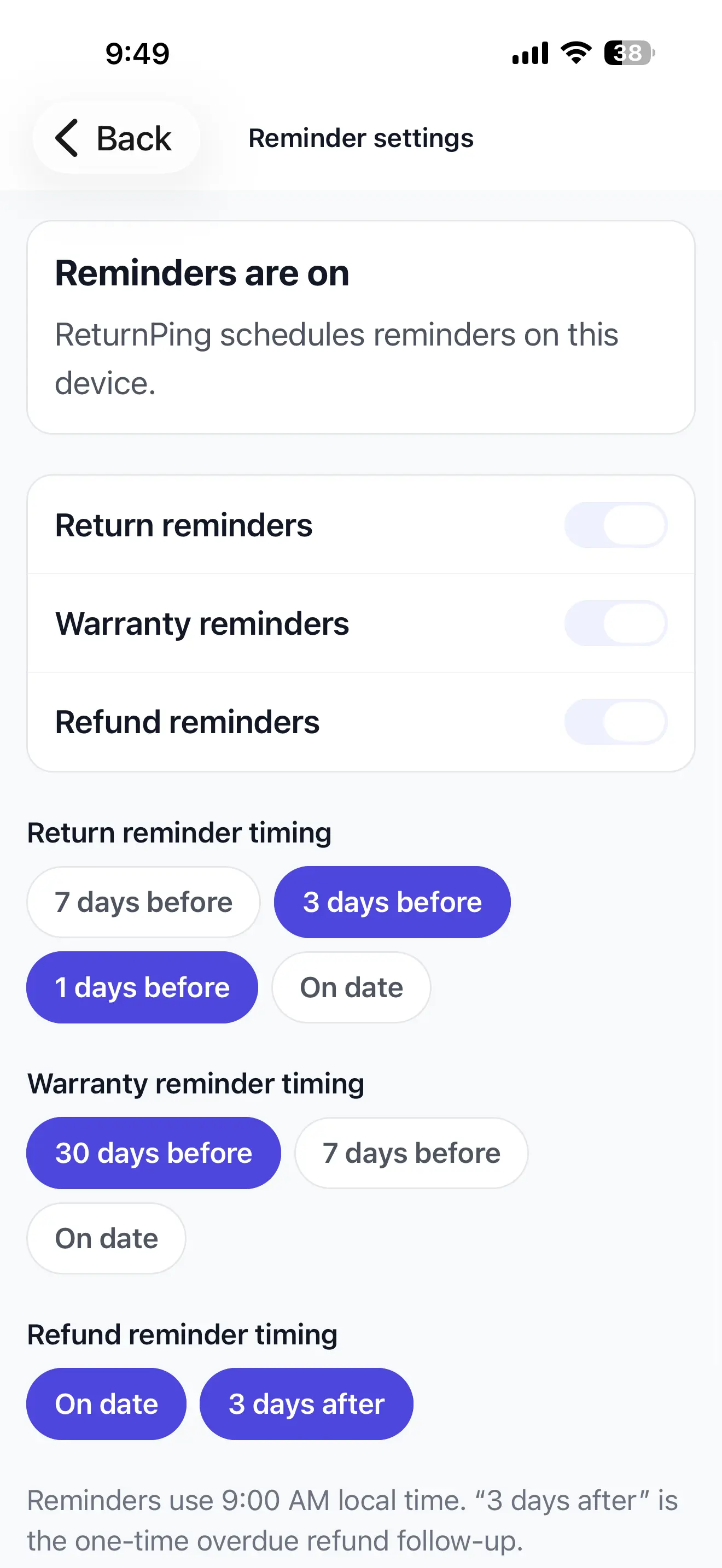 ReturnPing reminder settings with return, warranty and refund timing choices