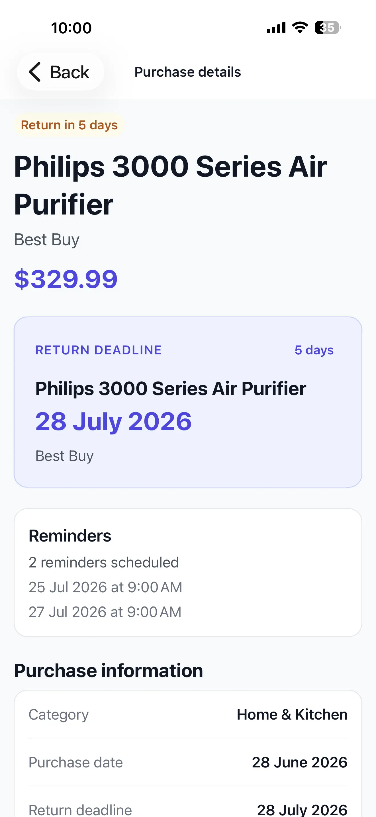 ReturnPing screen for recording a product return deadline