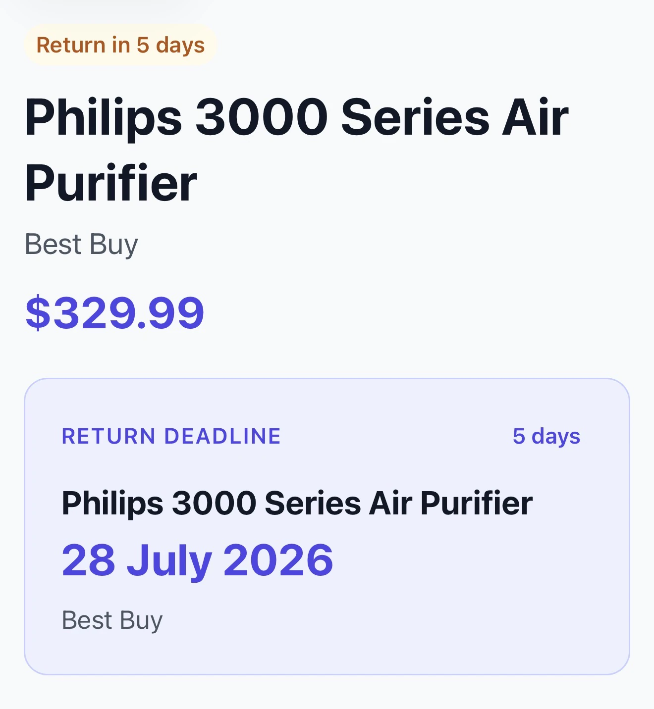 ReturnPing showing a Philips air purifier return deadline in five days