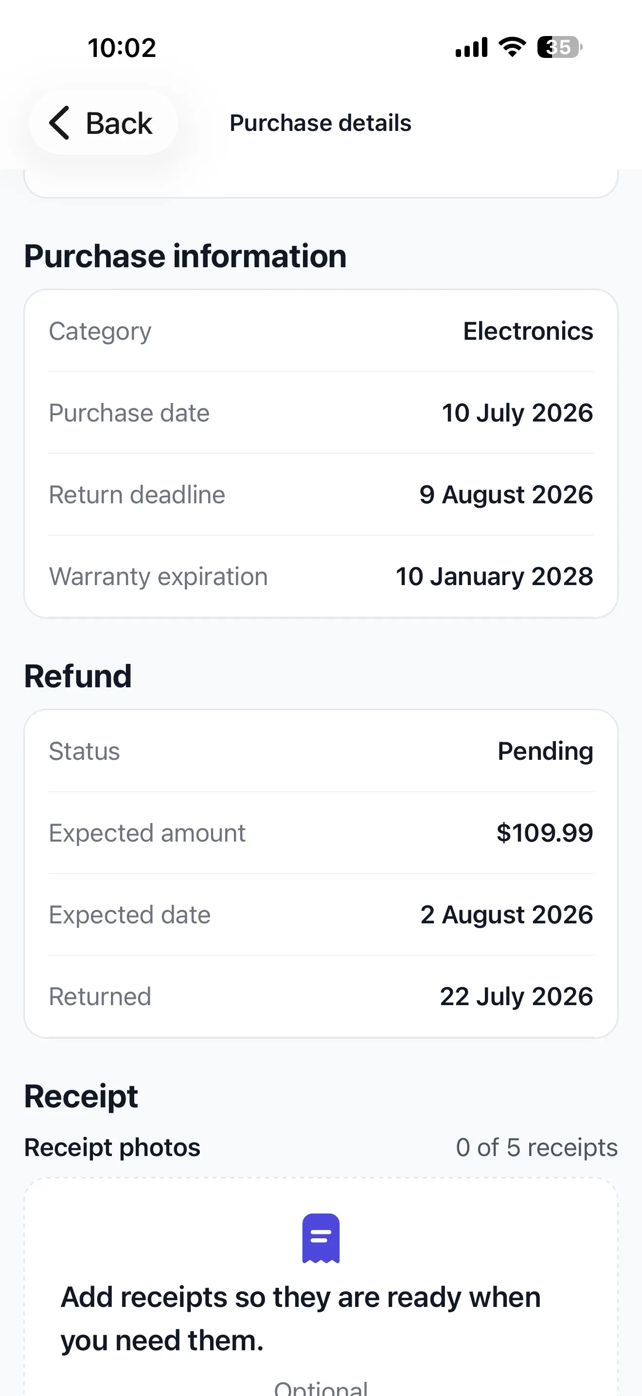ReturnPing screen for tracking a product warranty
